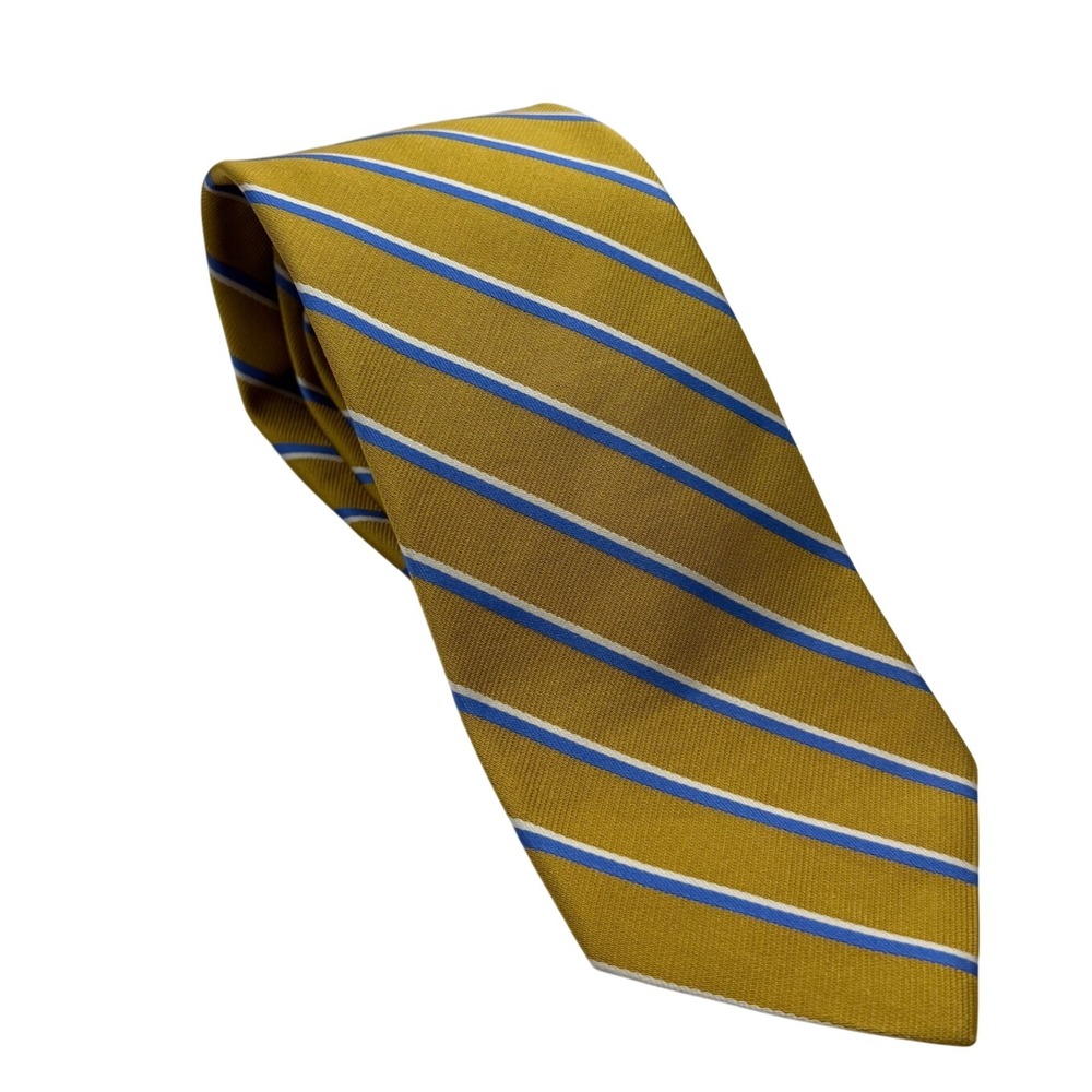 Brooks Brothers Makers Silk Repp Stripe Tie Gold Blue White Woven in England USA